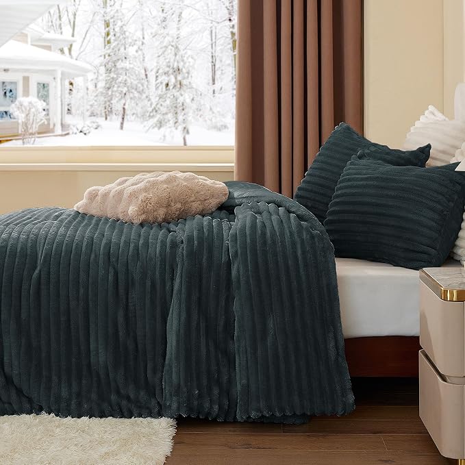 BEDELITE Fleece Queen Comforter Set -Super Soft & Warm Fluffy Dark Grey Bedding - Image 4