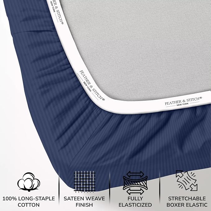 Feather & Stitch 1 Piece Fitted Sheet Full Size, 100% Cotton Damask Sateen Weave - Image 2