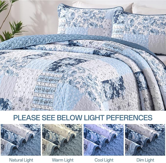 Anibedding Blue Patchwork Quilt Set Queen Size Boho Floral Plaid Bedspread - Image 6