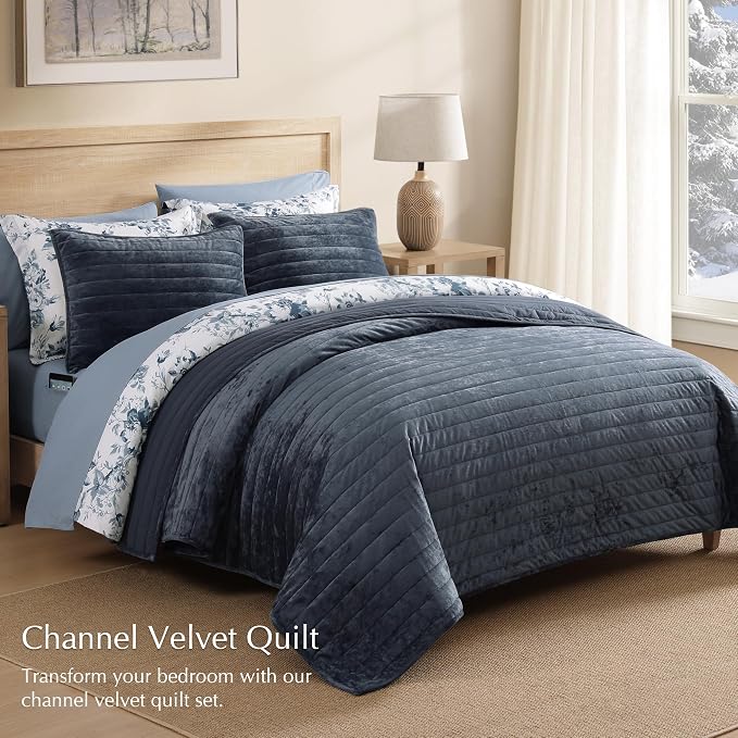 WRENSONGE Velvet King Size Quilt Set-3 Pieces Blue Grey Luxurious Velvet - Image 2