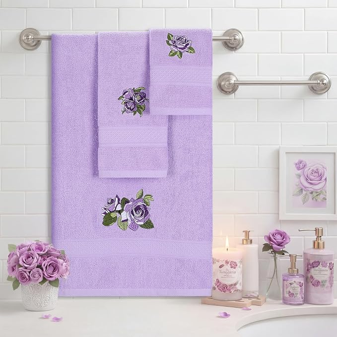 3 Pcs Rustic Purple Roses Bathroom Towel Set Farmhouse Embroidered Purple Roses - Image 3