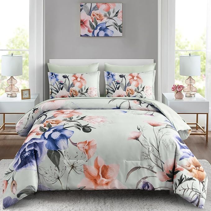 Luxudecor Floral Comforter Set King Size 7 Piece, Elegant Comforter Bedding Set by Luxudecor