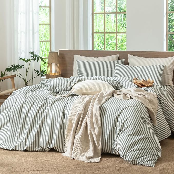 MooMee Striped Duvet Cover Set 100% Washed Cotton Linen Like Textured - Image 5