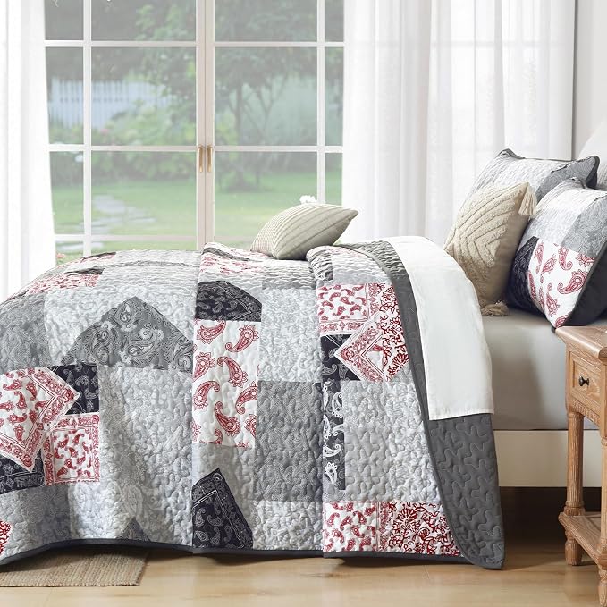 Mybedsoul Grey Red Patchwork Queen Size Quilt, Soft Paisley Floral Bedspreads - Image 5