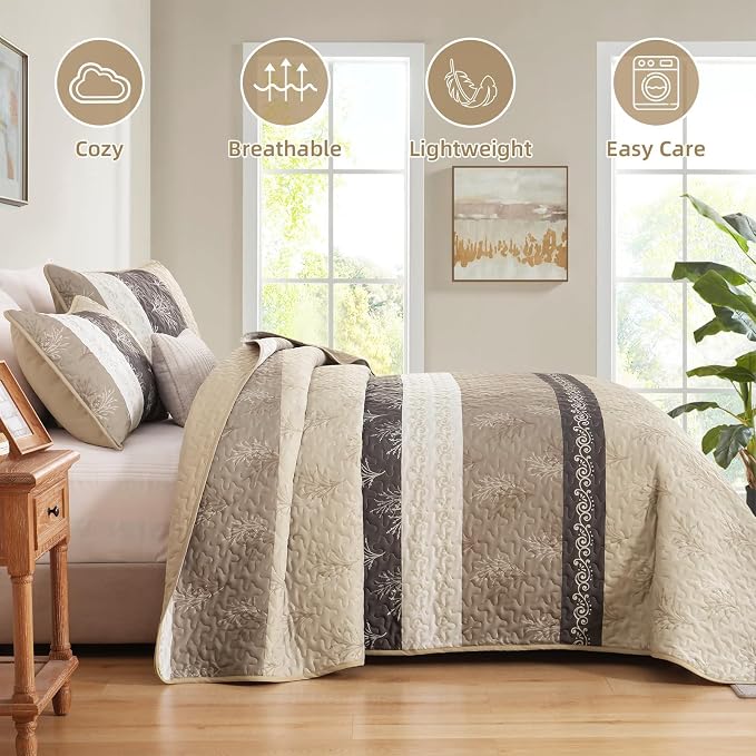 DJY Beige Quilt Set King Size Striped Bedspread Coverlet Set 3 Pieces Boho - Image 4