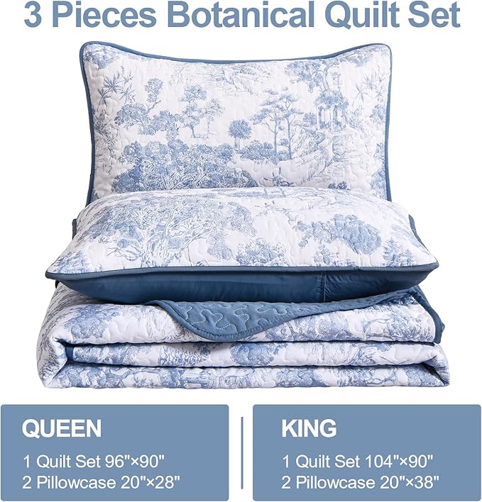 WONGS BEDDING Blue Quilt Set Queen Size, 3 Pieces Botanical Bedspreads Set - Image 4
