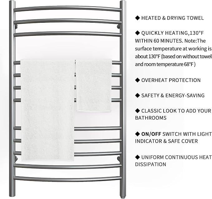 HEATGENE Towel Warmer Gun Grey, Electric Hot Towel Rails, Wall-Mounted Large 12 - Image 3