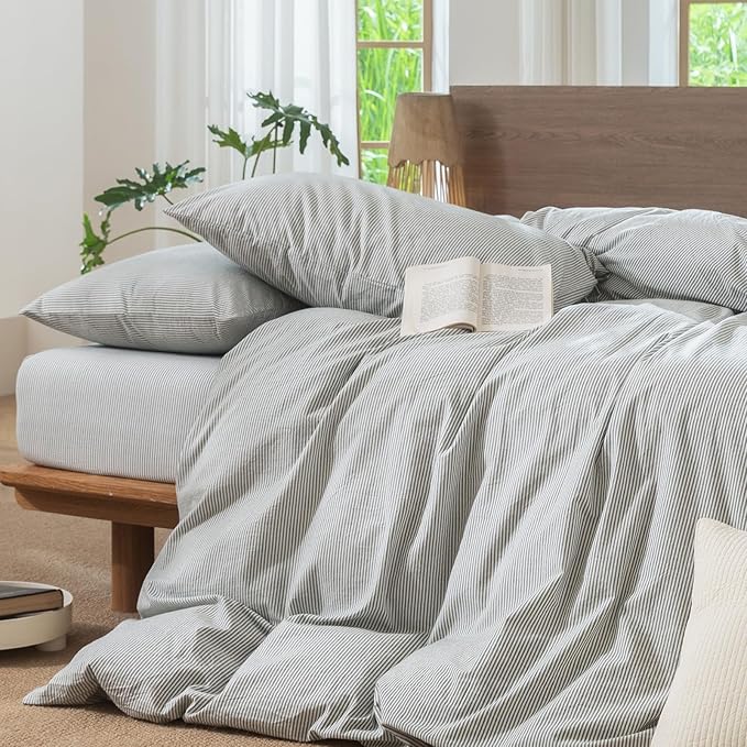 MooMee Striped Duvet Cover Set 100% Washed Cotton Linen Like Textured - Image 6