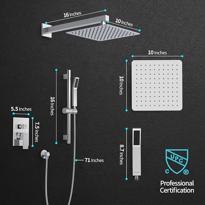 SR SUN RISE 10 Inch Square Shower Faucet, Adjustable 16-Inch Slide Bar Hand - Image 5