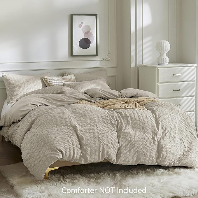 JELLYMONI Beige Duvet Cover Queen Size, Soft Breathable Seersucker Duvet Cover - Image 2