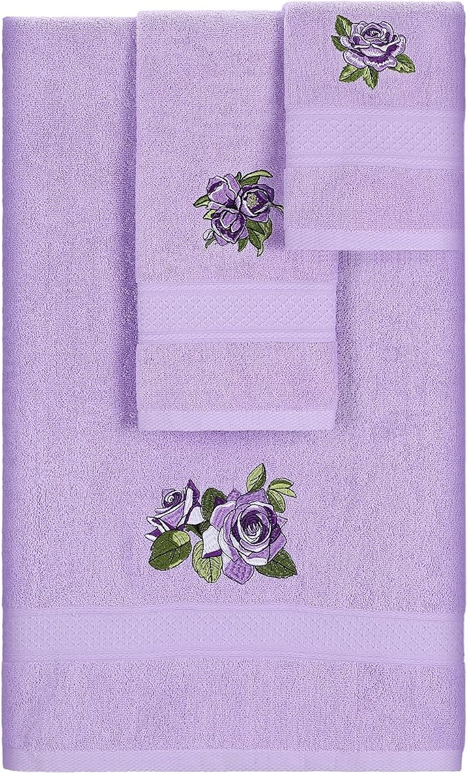 3 Pcs Rustic Purple Roses Bathroom Towel Set Farmhouse Embroidered Purple Roses by Unknown