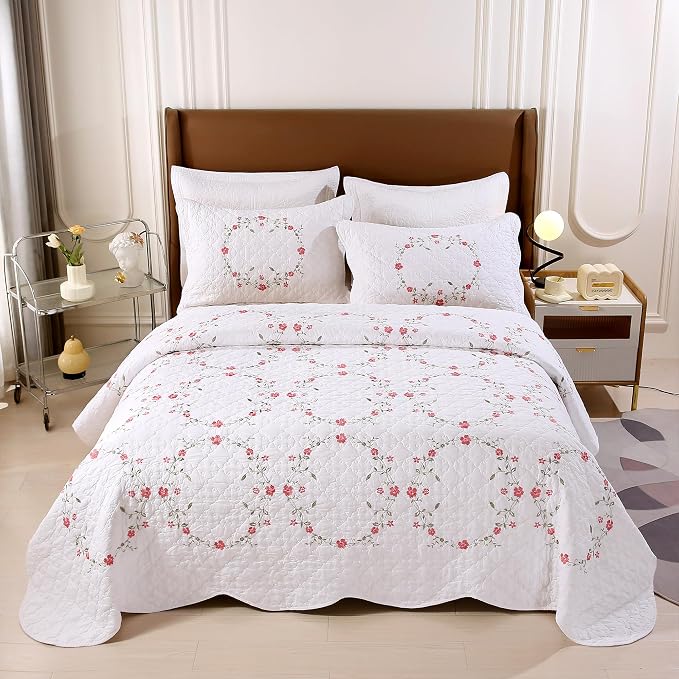 Quilt Set Circular Floral 3D Embroidery Pattern 3 PCS 100% Cotton Reversible - Image 6