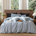 MooMee Wavy Striped Duvet Cover Set 100% Washed Cotton Linen Like Textured by MOOMEE