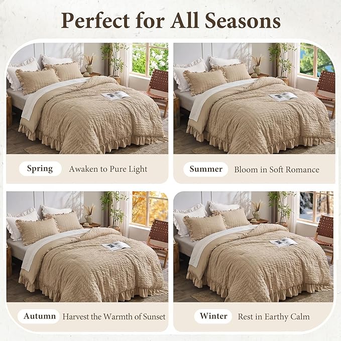 JOLLYVOGUE Twin Size Comforter Set, 2 Pieces Khaki Seersucker Lightweight - Image 6