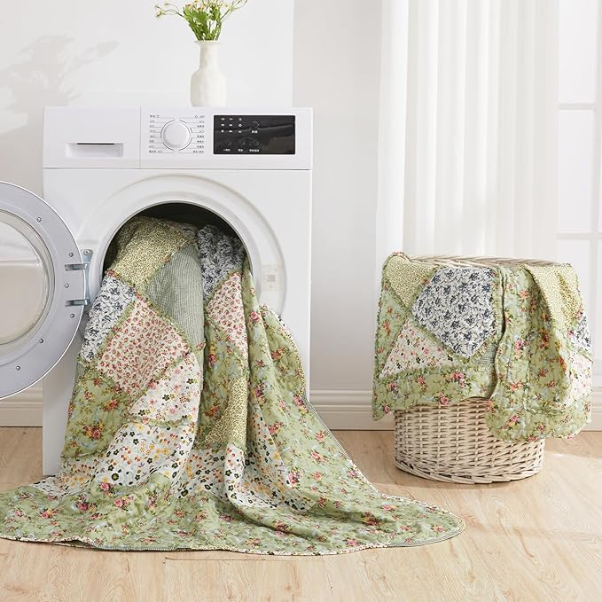 Oversized King Size Green Floral Plaid Patchwork Quilt Set 128x120 Extra Wide - Image 8