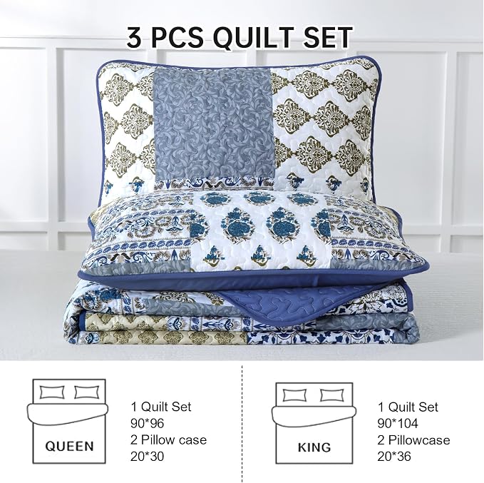 Mybedsoul Blue Quilt Set Queen Size 3 Pieces Boho Plaid Aqua Blue Floral - Image 7
