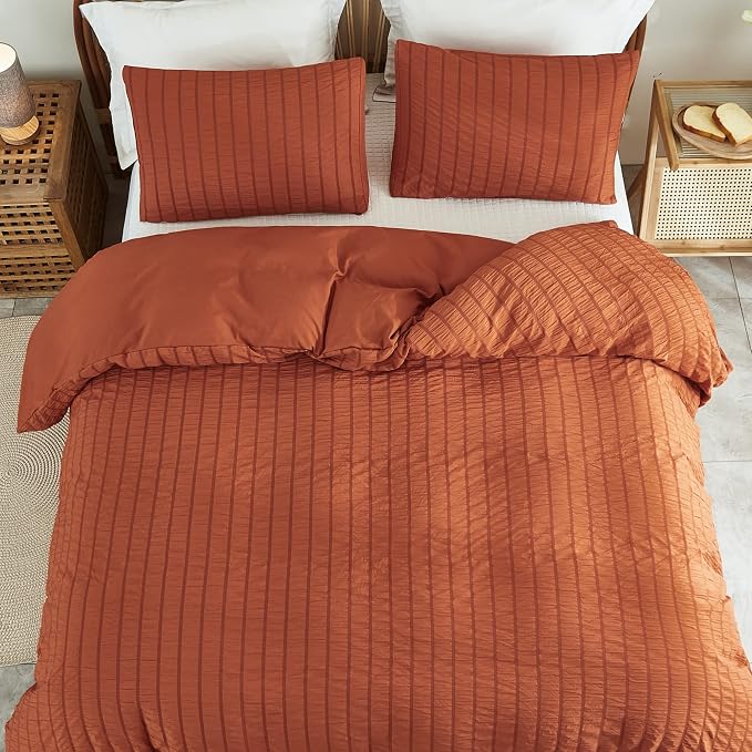 AveLom Terracotta Seersucker Duvet Cover Set King Size, 3 Pieces, Ultra Soft - Image 6