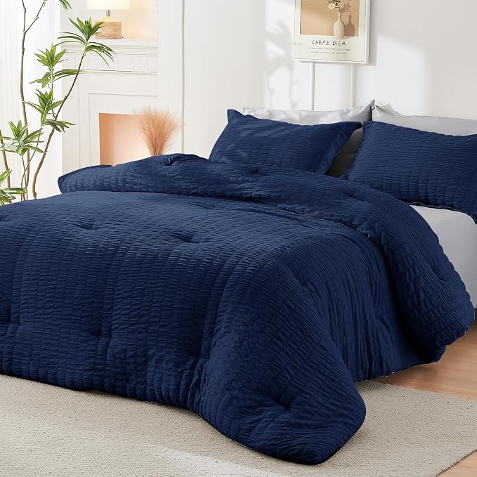 HYMOKEGE Navy Blue/Light Grey King Size Comforter Set Seersucker 7 Pieces - Image 8