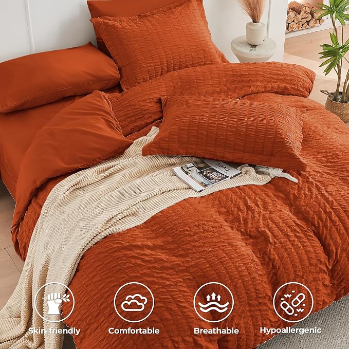 HYMOKEGE Burnt Orange Full Size Comforter Sets Seersucker 7 Pieces, All Season - Image 3