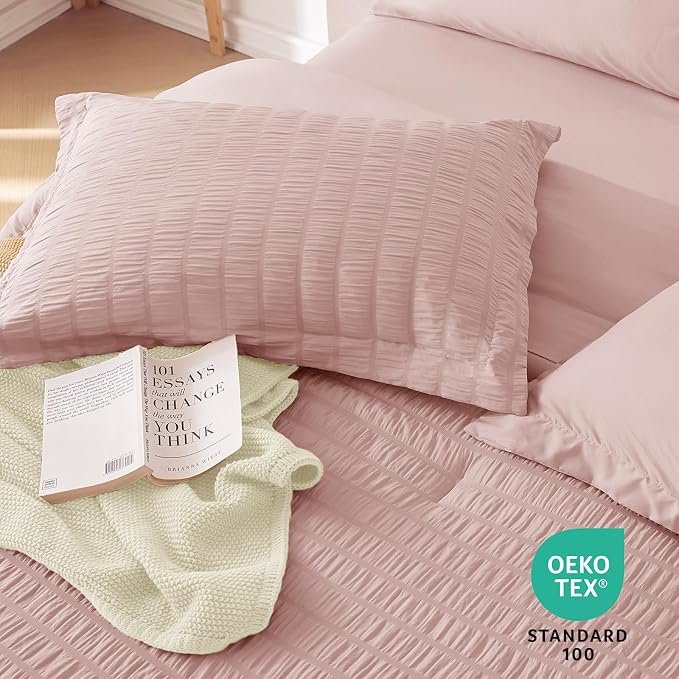MUXHOMO 7 Pieces Queen Comforter Set, Seersucker Bed in a Bag Queen Size - Image 8
