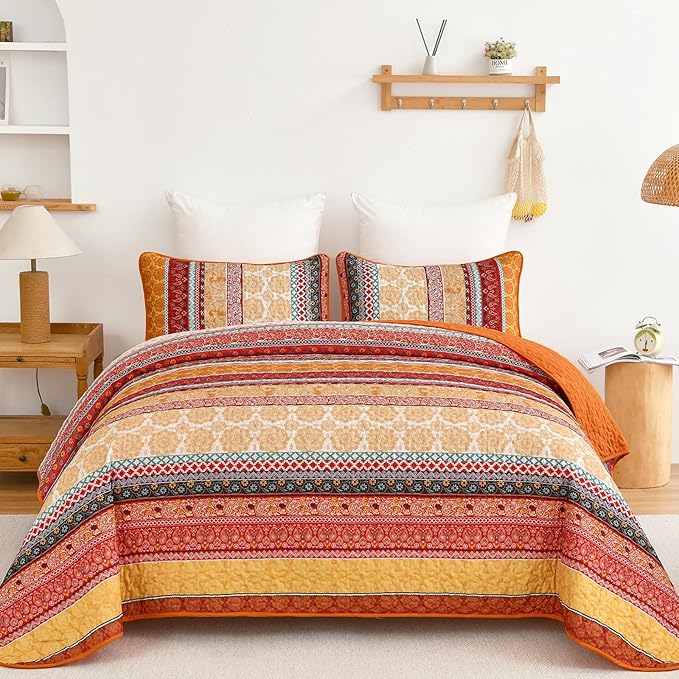 WONGS BEDDING Boho Stripe Quilt Set Queen Size, 3 Pieces Orange Bohemian Quilt by WONGSBEDDING
