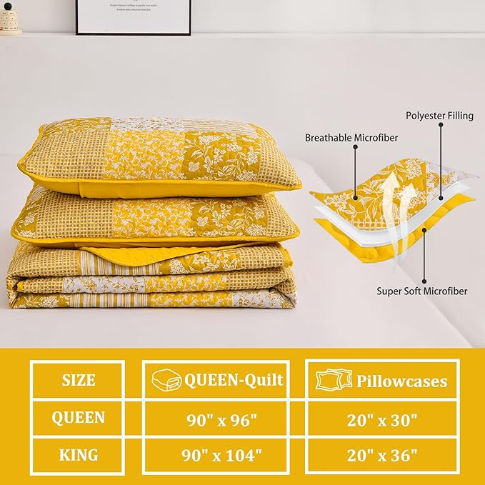 Mybedsoul Yellow Boho Quilt Set King Size, 3 Pieces Plaid Floral Bedspread - Image 5