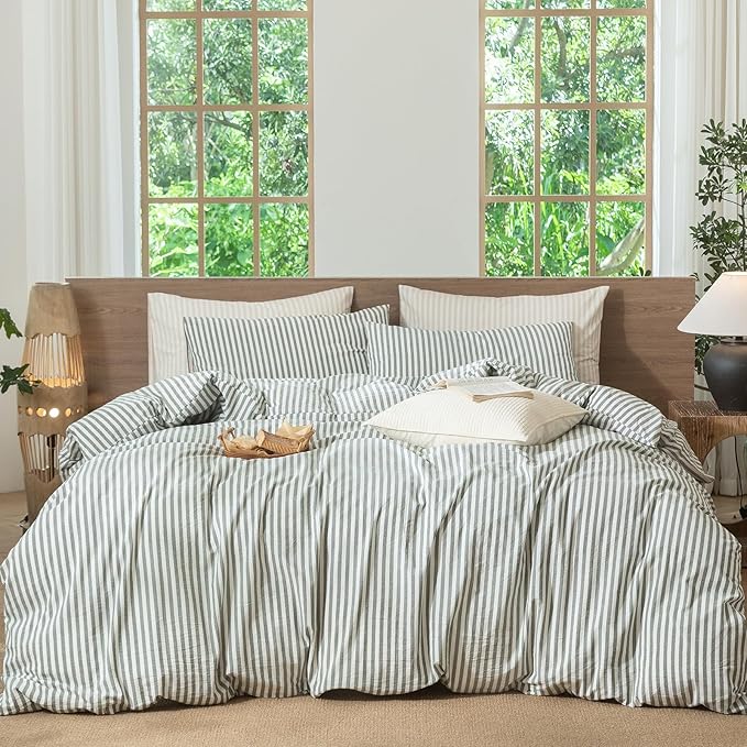 MooMee Striped Duvet Cover Set 100% Washed Cotton Linen Like Textured by MOOMEE