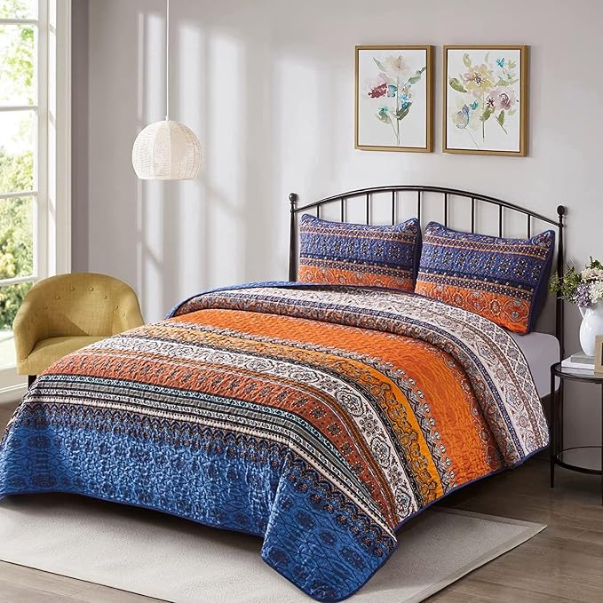 WONGS BEDDING Boho Fall Quilt Full Size, 3 Pieces Orange Blue Bohemian - Image 2