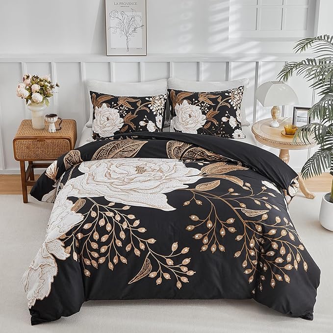 mixinni Black Floral Duvet Cover Full Size, 3 Pieces Garden Style Botanical - Image 7