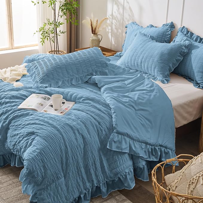 JOLLYVOGUE Twin Size Comforter Set, 2 Pieces Sea Blue Seersucker Lightweight - Image 7