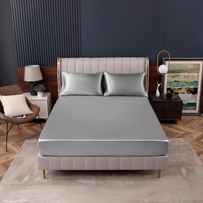 Homiest Light Grey Satin Fitted Sheet King Size, Deep Pocket, Luxury & Ultra - Image 2