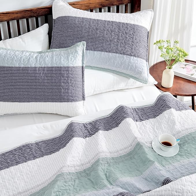Andency Oversized King Quilt Bedding Set, 120x98Inch Sage Green Stripe - Image 3