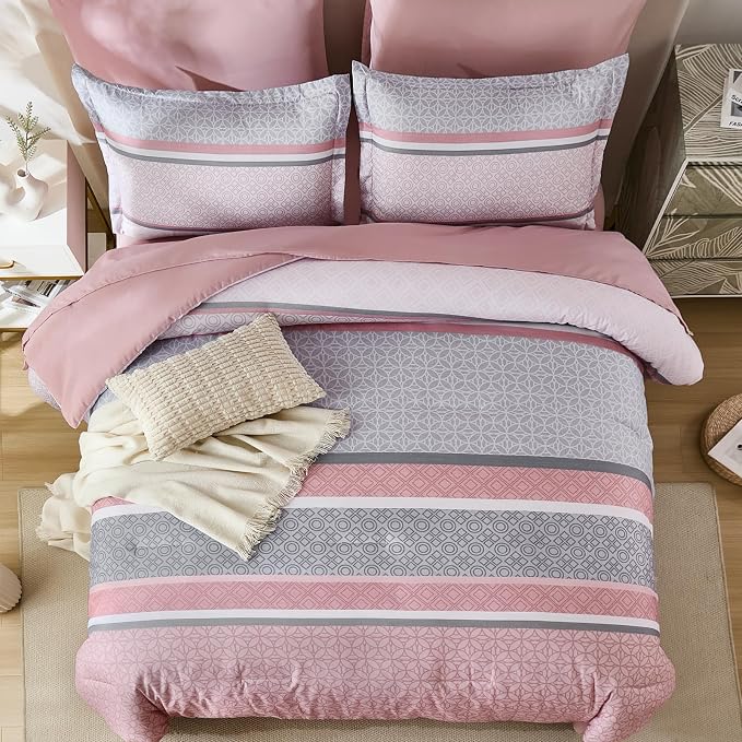 WONGS BEDDING Pink Queen Comforter Set 7 Pieces, Boho Striped Bed in a Bag - Image 3