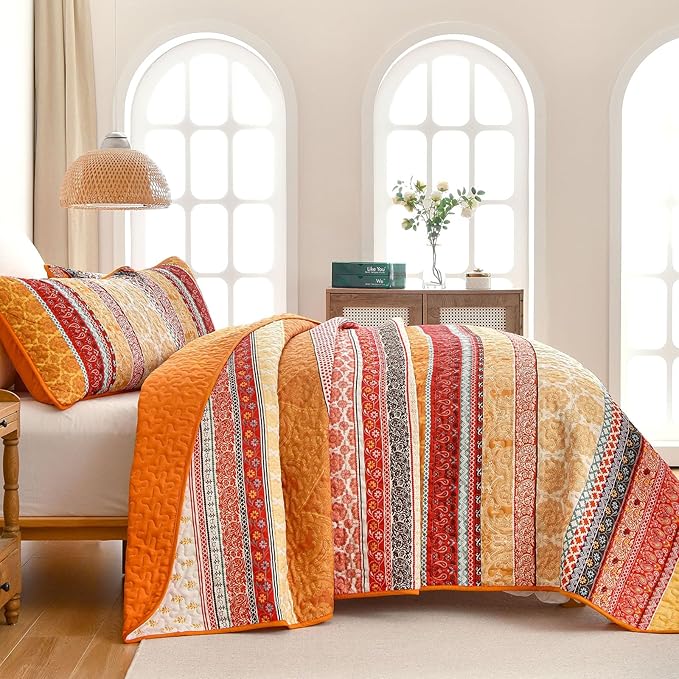 WONGS BEDDING Boho Stripe Quilt Set Queen Size, 3 Pieces Orange Bohemian Quilt - Image 4