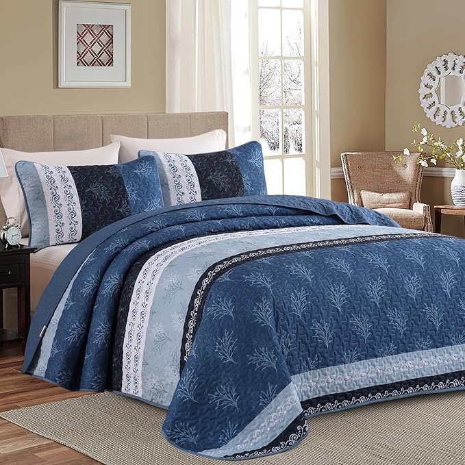 DJY Stripe Quilt Set King Size Blue Bedspread Coverlet Set 3 Pieces Boho Branch by HOME