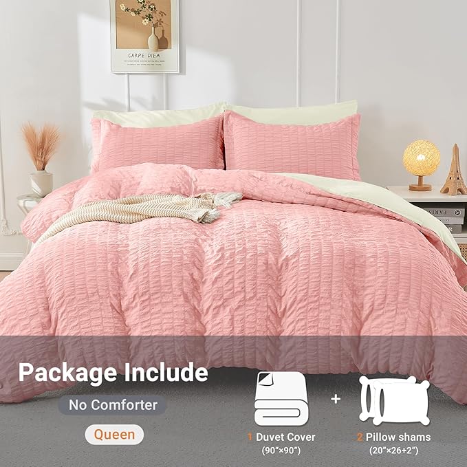 HYMOKEGE Pink/Ivory Duvet Cover King Size, Ultra Soft 3-Piece Seersucker Duvet - Image 4