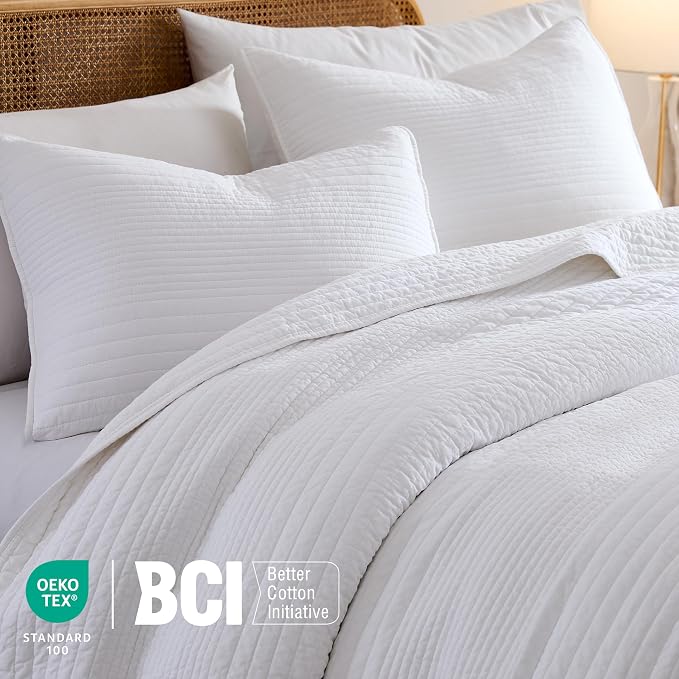 palassio Striped White 100% Cotton Quilt Twin Size Bedding Sets, Lightweight - Image 3