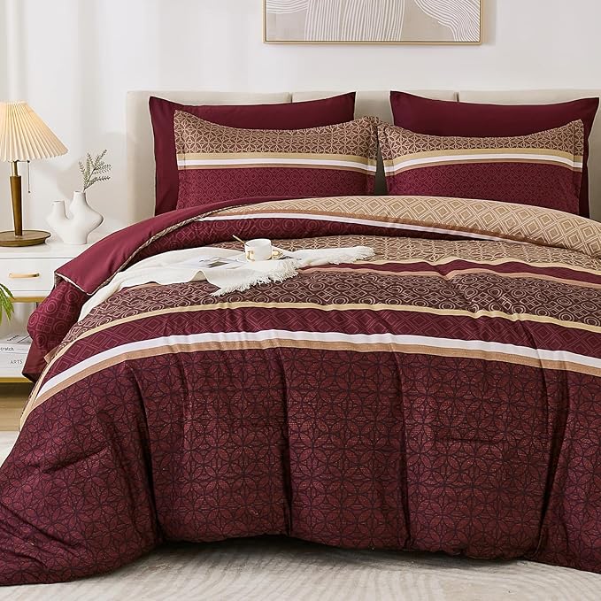 WONGS BEDDING Burgundy Comforter Set King Size, 7 Pieces Maroon Striped Bed in by WONGSBEDDING