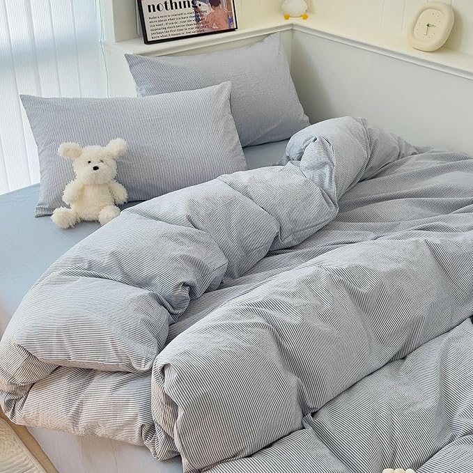 mixinni Striped Duvet Cover Set- 100% Washed Cotton Blue Comforter Cover - Image 7