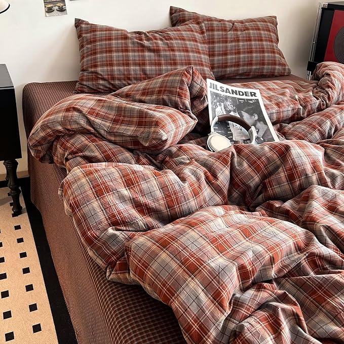 PinkMemory Caramel Blue Gingham Duvet Cover King 100% Washed Cotton Buffalo - Image 4
