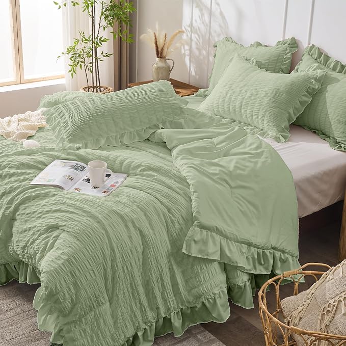 JOLLYVOGUE Sage Green Queen Comforter Set, 3 Pieces Seersucker Comforters Queen - Image 7