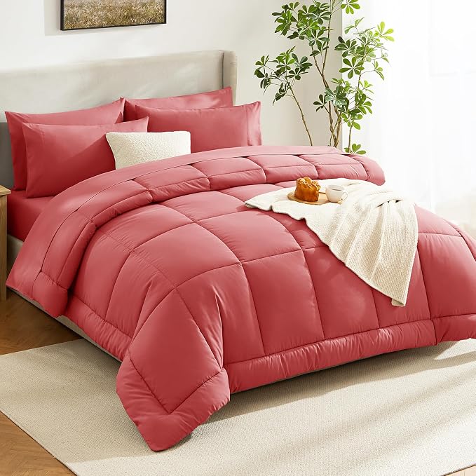 CozyLux Full Size Comforter Sets Coral, 7 Pieces Bed in a Bag, Coral Comforter - Image 8