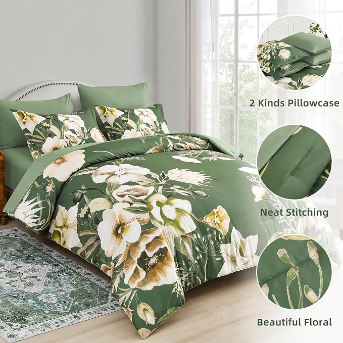 Luxudecor Floral Comforter Set King Size 7 Piece, Olive Green Flower Bed in a - Image 6