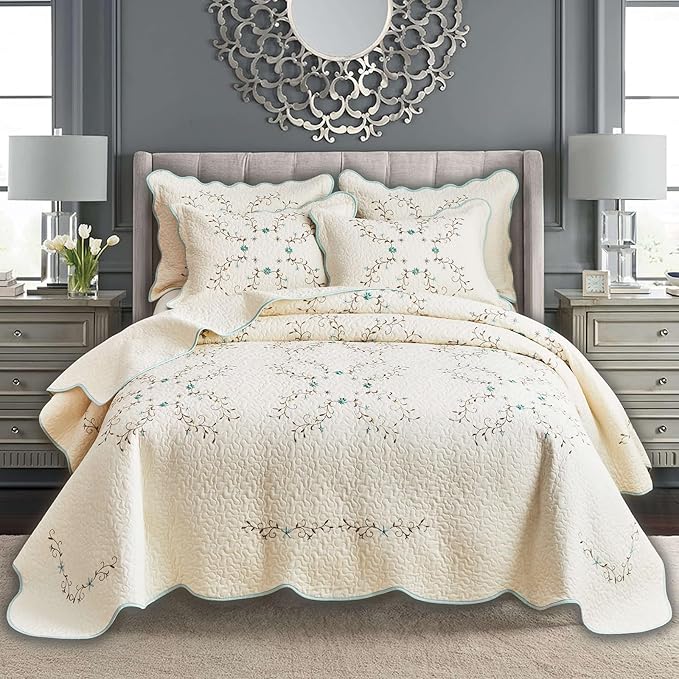 ROOMLIFE Quilt Set King Size 3D Floral Embroidery Pattern 3-Piece Cotton by ROOMLIFE