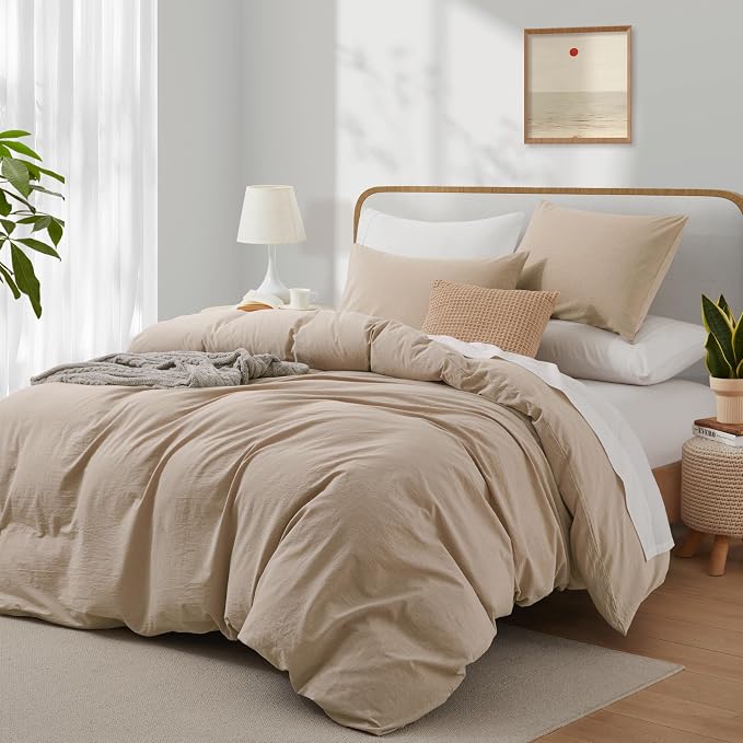 100% Washed Cotton Duvet Cover Set, Linen Like Natural Bedding Set - Image 2