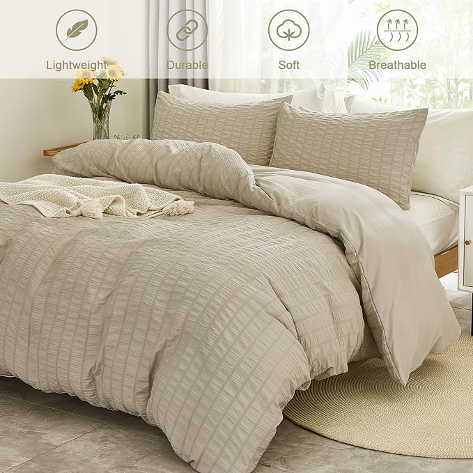 AveLom Beige Seersucker Duvet Cover Set Full Size, 3 Pieces, Ultra Soft Washed - Image 2