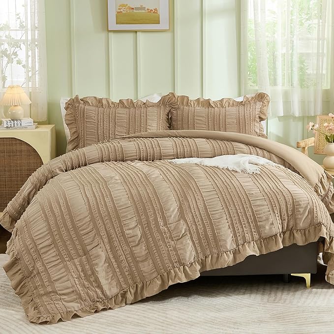 WONGS BEDDING Khaki Comforter Set King, 3 Pieces Ruffle Farmhouse Shabby Chic by WONGSBEDDING
