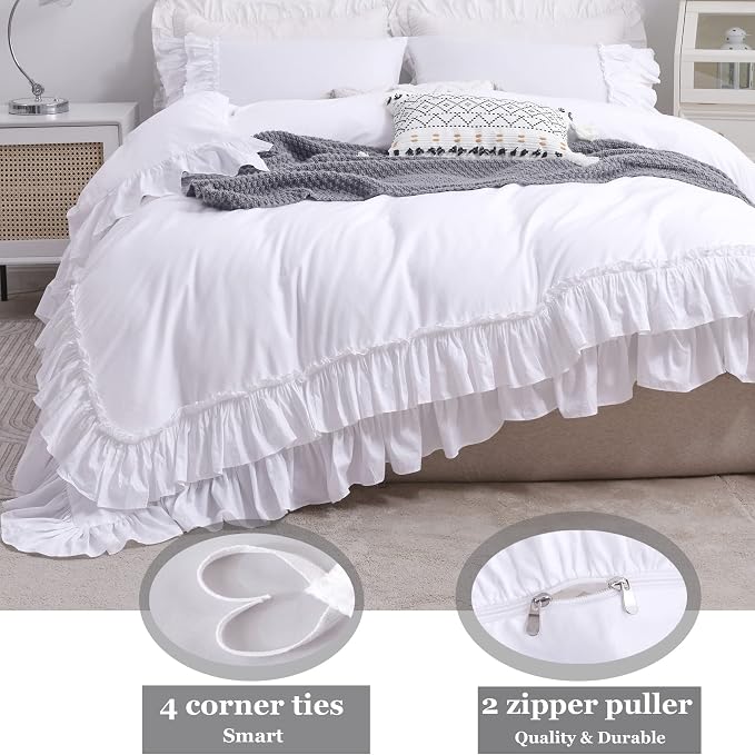 QSH Ruffle White Duvet Cover Queen Size -Washed Cotton Shabby Farmhouse Ruffled - Image 5