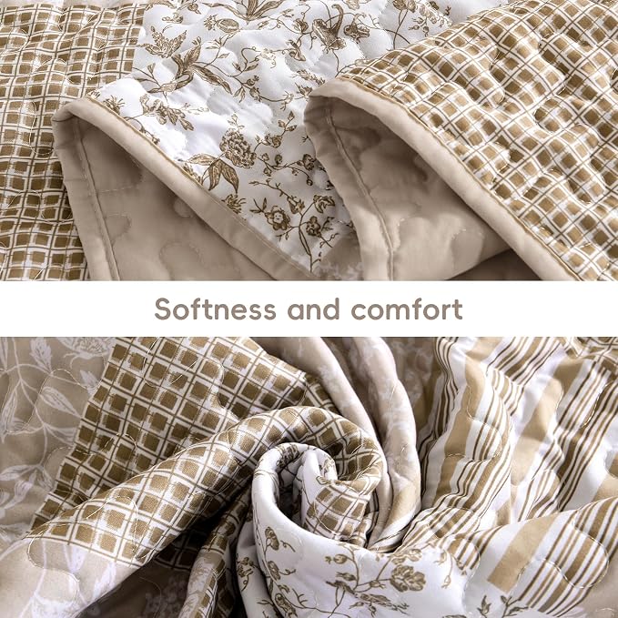 Mybedsoul Beige Boho Quilt Set King Size, 3 Pieces Plaid Floral Bedspread Set - Image 4