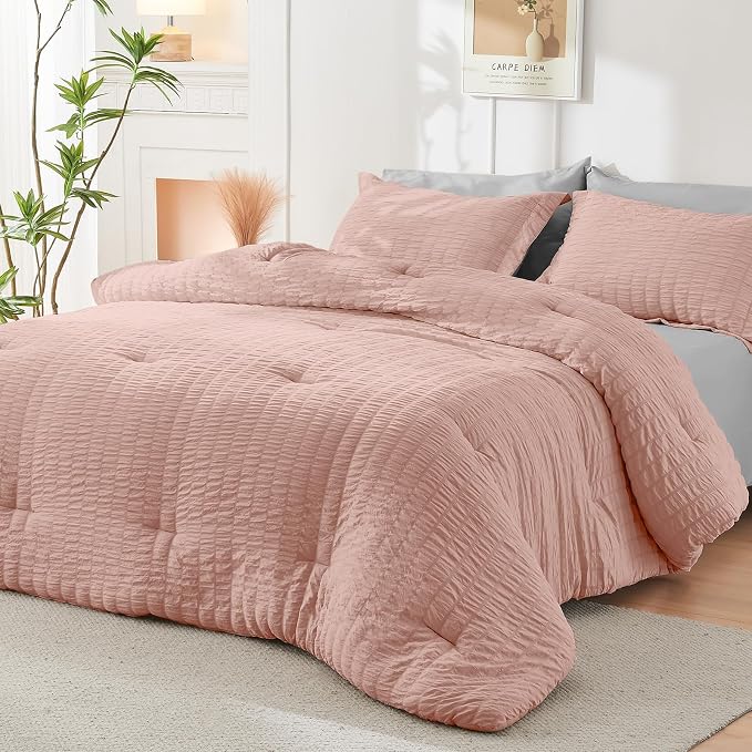 HYMOKEGE Rose Gold/Light Grey California King Comforter Set Seersucker 7 Pieces - Image 8